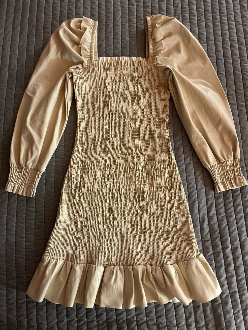 7 For All Mankind Beige Smocked Puff-Sleeve Mini Dress